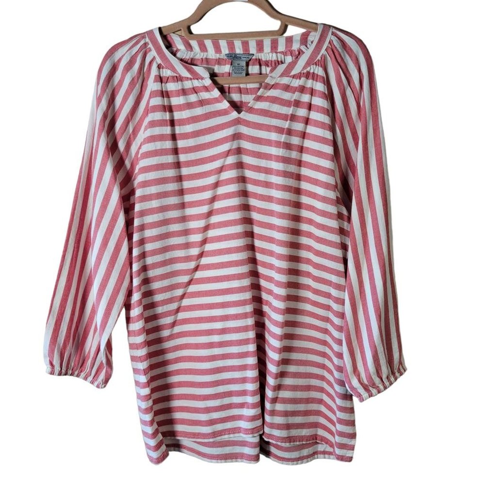 Bass Red White Stripe Tunic V Neck Pullover Long Sleeve Shirt Women Size M